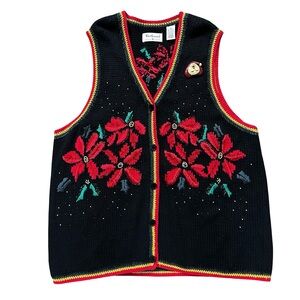 Vtg Westbound Holiday Knit Sweater Vest Poinsettia Embroidery Festive Trim 2X